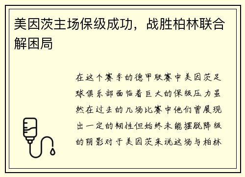 美因茨主场保级成功，战胜柏林联合解困局